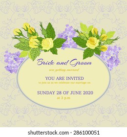 Vector background. Wedding invitation card / greeting. Label for individual text is framed by yellow roses and yellow flowers on a pink background with classical ornament.