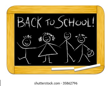 Vector background which depicts a drawing board with a group of children and the words "Back to school!"