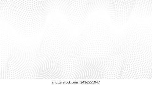 Vector background with white abstract wavy lines, flowing dots particles wave pattern 3D curve shape isolated on white background. Modern science, technology, music, halftone light effect banner.