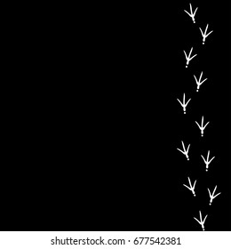 Vector background with white bird trail on the  right side. White Bird footprints track on black background. 