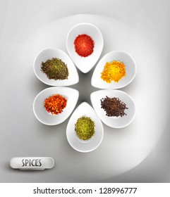 vector background with white bowl on the table, the filling of spices