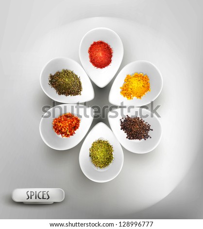 vector background with white bowl on the table, the filling of spices