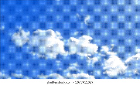 Vector background. White clouds in the blue sky. Halftone effect. Vector illustration.