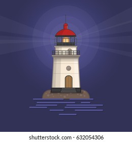 Vector background with white lighthouse at night. Illustration in flat style