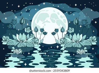 Vector background with white lotuses and moon