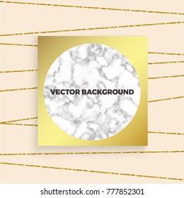 Vector background white marble texture with gold glitter lines and gold square card. Template for holiday designs, card, invitation, party, birthday, wedding, baby shower, save the date, anniversary. 