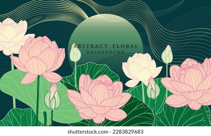 Vector background with white pink lotuses and green leaves. Luxury design template with line art. Nelumbo nucifera flower for banners, invitations, cover and packaging design. Chinese style
