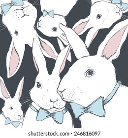 Vector background with white rabbits. Hand-drawn easter bunny collection.