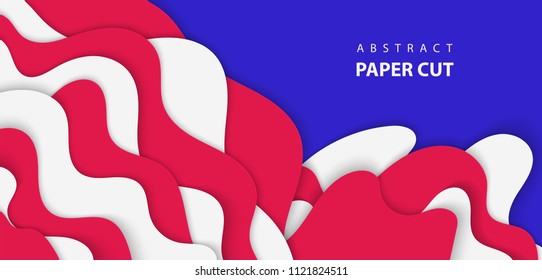 Vector background with white, red and blue colors paper cut shapes. 3D abstract paper art style, design layout for business presentations, flyers, posters, prints, decoration, cards, brochure cover.