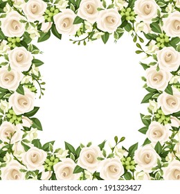 Vector background with white roses and freesia flowers.