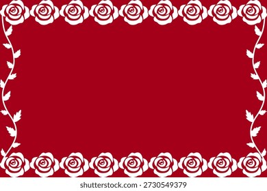 Fundo vetorial de rosas brancas sobre um fundo vermelho com espaços para o texto. Padrão retangular para a decoração do Dia dos Namorados. Quadro de planta estilo Doodle para banners, cartões postais