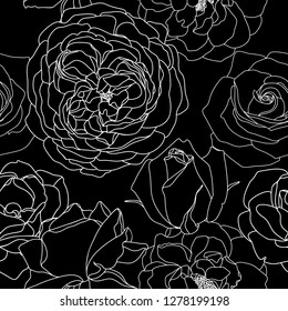 Vector background with white roses outlines. Hand drawn flower illustrations on black background. Floral seamless pattern