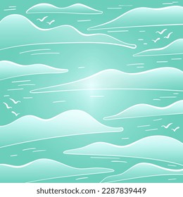 Vector background in white-green colors on the theme of clouds in a cartoon comic style.