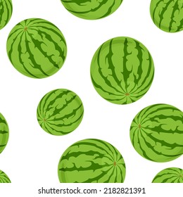 Vektorhintergrund mit ganzen, grün gestreiften Wassermelonen auf Weiß. Fruchtnahtloses Muster. Cartoon-Flachbild-Illustration.