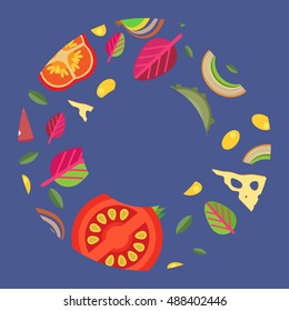 Vector background in a wide rings. Pizza flat style. Gray-blue background.