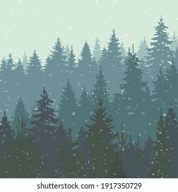 Vector background of wild coniferous forest in fog. Spruce forest on the hills dissolving on the horizon