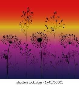 Hintergrund. Wildblumen und Kräuter. Silhouetten von Pflanzen. Nahtloses Muster. Verwenden Sie gedruckte Materialien, Schilder, Objekte, Seiten, Karten.