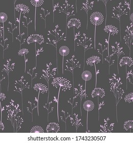Vector background. Wildflowers and herbs. Silhouettes of plants. Seamless pattern. Use printed materials, signs, objects, sites, maps.