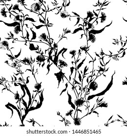 Vector  background. Wildflowers. Silhouettes of plants. Bouquet with leaves, flowers and buds. Seamless pattern. Use printed materials, signs, objects, websites, maps.