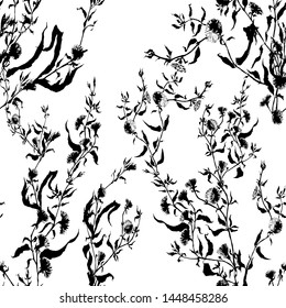 Vector  background. Wildflowers. Silhouettes of plants. Bouquet with leaves, flowers and buds. Seamless pattern. Use printed materials, signs, objects, websites, maps.