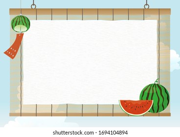 Vector background with wind chimes and watermelon on the rattan blinds.