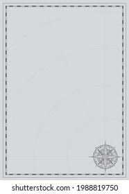 Vector background with wind rose compass sign and place for text. Vintage illustration on theme of travel, adventure and discovery on a grey backdrop with meridians and parallels. Pirate map concept.