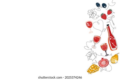 Vector Background with Wine. Border with Continuous line Drawing Bottles, Glasses,Olives, Fruits and Cheese.
