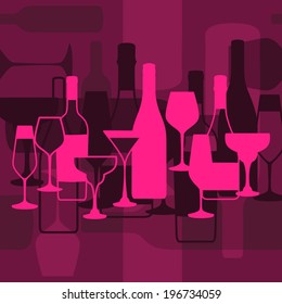 Vector background with wine bottle and glasses for restaurant, cafe or bar menu