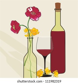 Vector background with wine bottles and flowers. Good for restaurant or bar menu design.