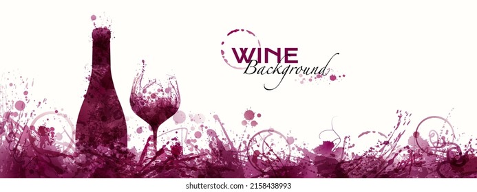 Vector background of wine drops and stains. Creative illustration of wine bottle and glass Horizontal banner for wine designs. Red wine color effect.