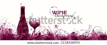 Vector background of wine drops and stains. Creative illustration of wine bottle and glass Horizontal banner for wine designs. Red wine color effect.