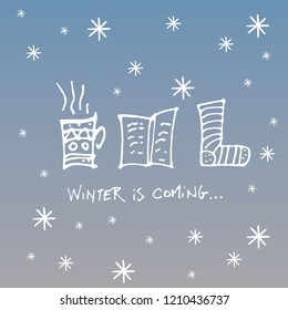 vector background with a winter and cosy items as a book, hot tea, warm socks and snow flakes for a lovely moments at home 