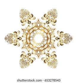 Vector background. Winter Holiday Knitted Pattern with Circles, Dots and Golden snowflakes On a white Background.