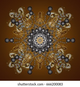 Vector background. Winter Holiday Knitted Pattern with Circles, Dots and Golden snowflakes On a brown Background.