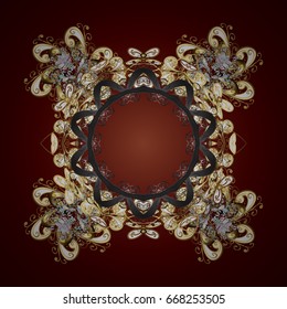 Vector background. Winter Holiday Knitted Pattern with Circles, Dots and Golden snowflakes On a brown Background.