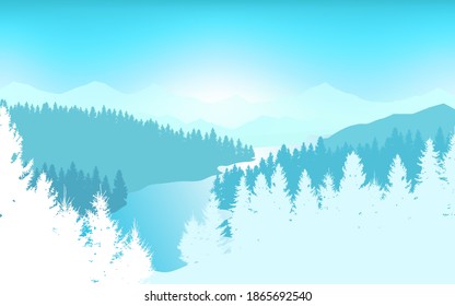 Vector background. Winter morning in beautiful mountains with river. Abstract illustration mountains and dense forest down to the valley in the foreground. Mountain landscape. 