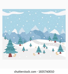 vector background winter with silhouettes mountain, tress and baby deer, great for promotion christmas. etc