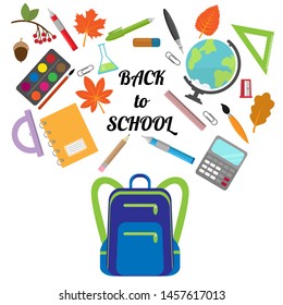 vector background withbackpack, different stationery and slogan "back to school"