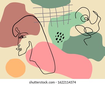 Vector background with woman face drawn in black continuous line, abstract texture, collage elements. Endless background in trendy modern minimalism scandinavian style