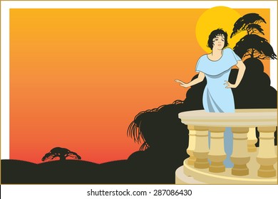 Vector background. Woman on the veranda of the hotel on an exotic background sunset.