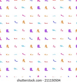 Vector background for women shoes. Seamless vector pattern with colored signs of women shoes on white background.