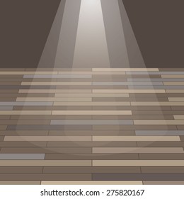 Vector background with wooden floor and lights for presentation.