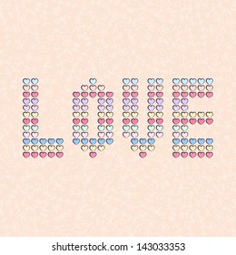 Vector background with word love made from small hearts on a floral backdrop