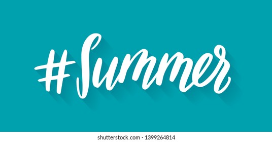 Vector background with word "Summer" and hashtag symbol. Hand written lettering text on bright background.