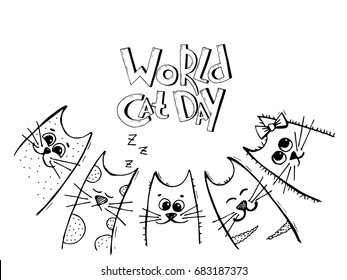 Vector background with words World cat day and hand drawn cartoon black and white cats or kittens. May be used as a love card.