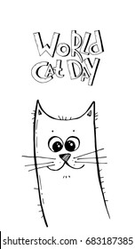 Vector background with words World cat day and hand drawn cartoon black and white cat or kitten. May be used as a love card.