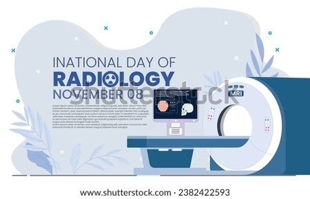 vector background for World Radiology day on November 8 with skull and brain body imaging icons displayed on a monitor screen for the use of X-Ray and MRI technology. Radiology is a medical discipline