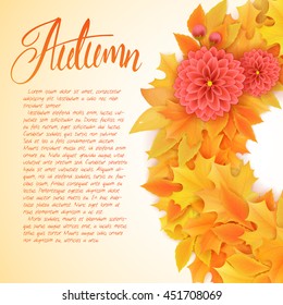 vector background with wreath of autumn leaves with dahlia flowers and hand written lettering - autumn.
