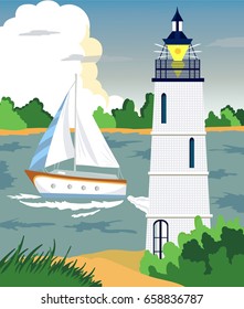 Vector background with a yacht or ship, a lighthouse, sea,beach.