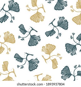 Fondo vectorial con hojas de ginkgo amarillas y azules. Grabado de fondo de la hoja de Ginkgo.